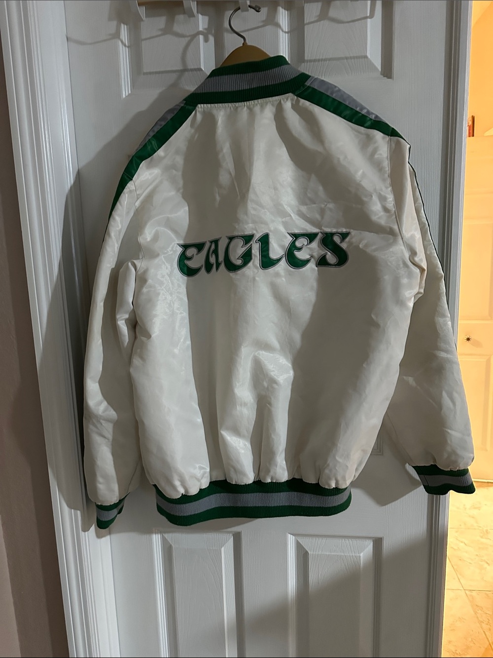 STARTER White Satin Bomber Jacket with Green Trim